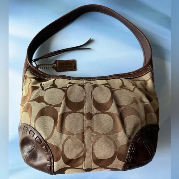 COACH Signature Hobo Brown Leather Trim Shoulder Handbag - Picture 7 of 11